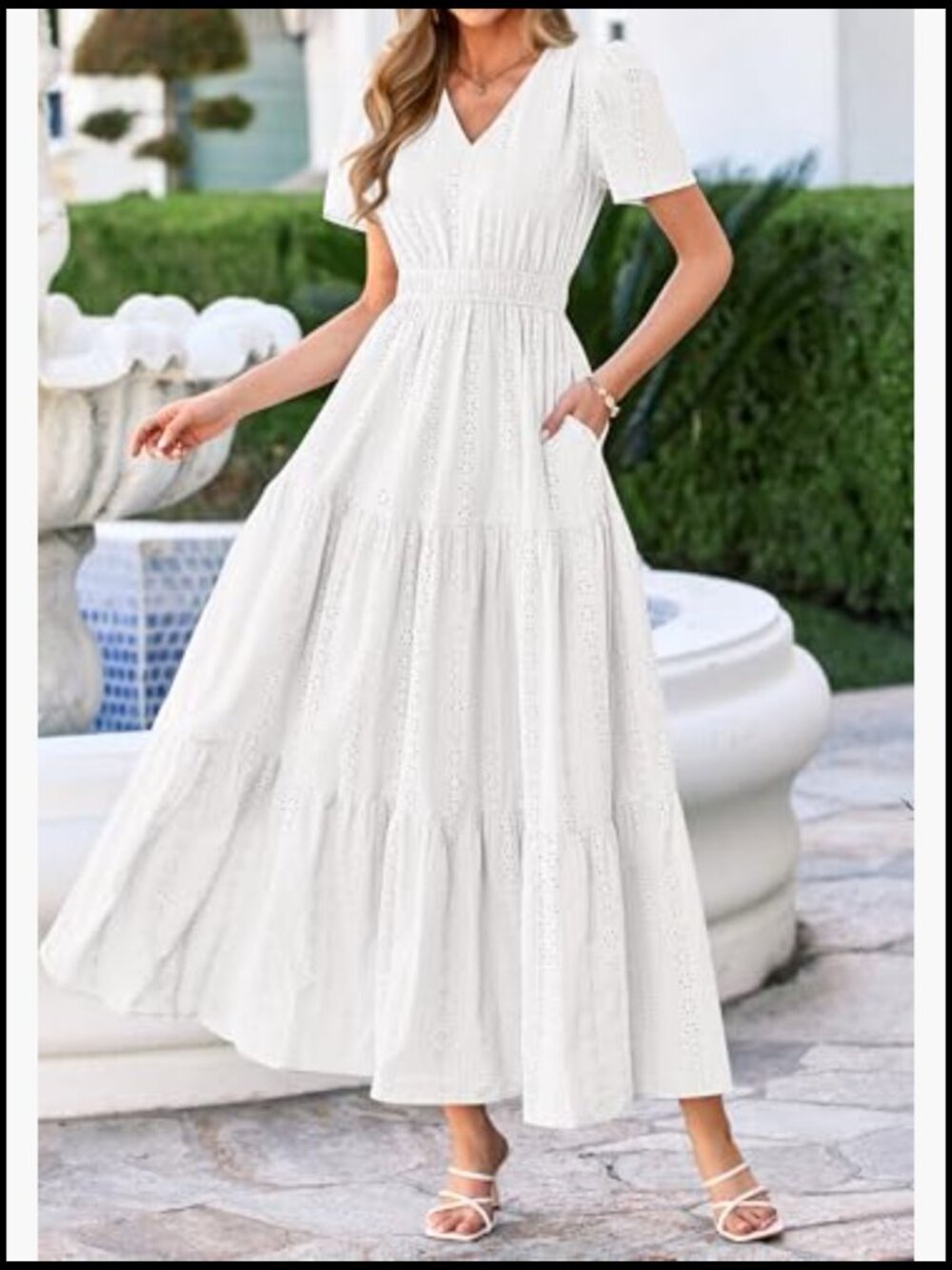 V Neck Hollow Out Eyelet A Line Flowy Maxi Dress - Picture 4 of 7